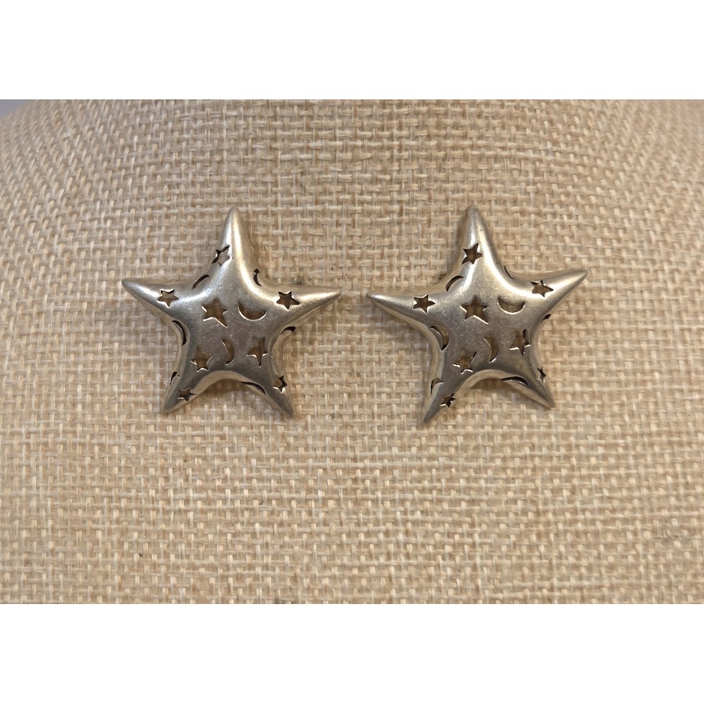 Vintage Jezlaine Sterling Silver Star Moon 30mm Earrings Signed
